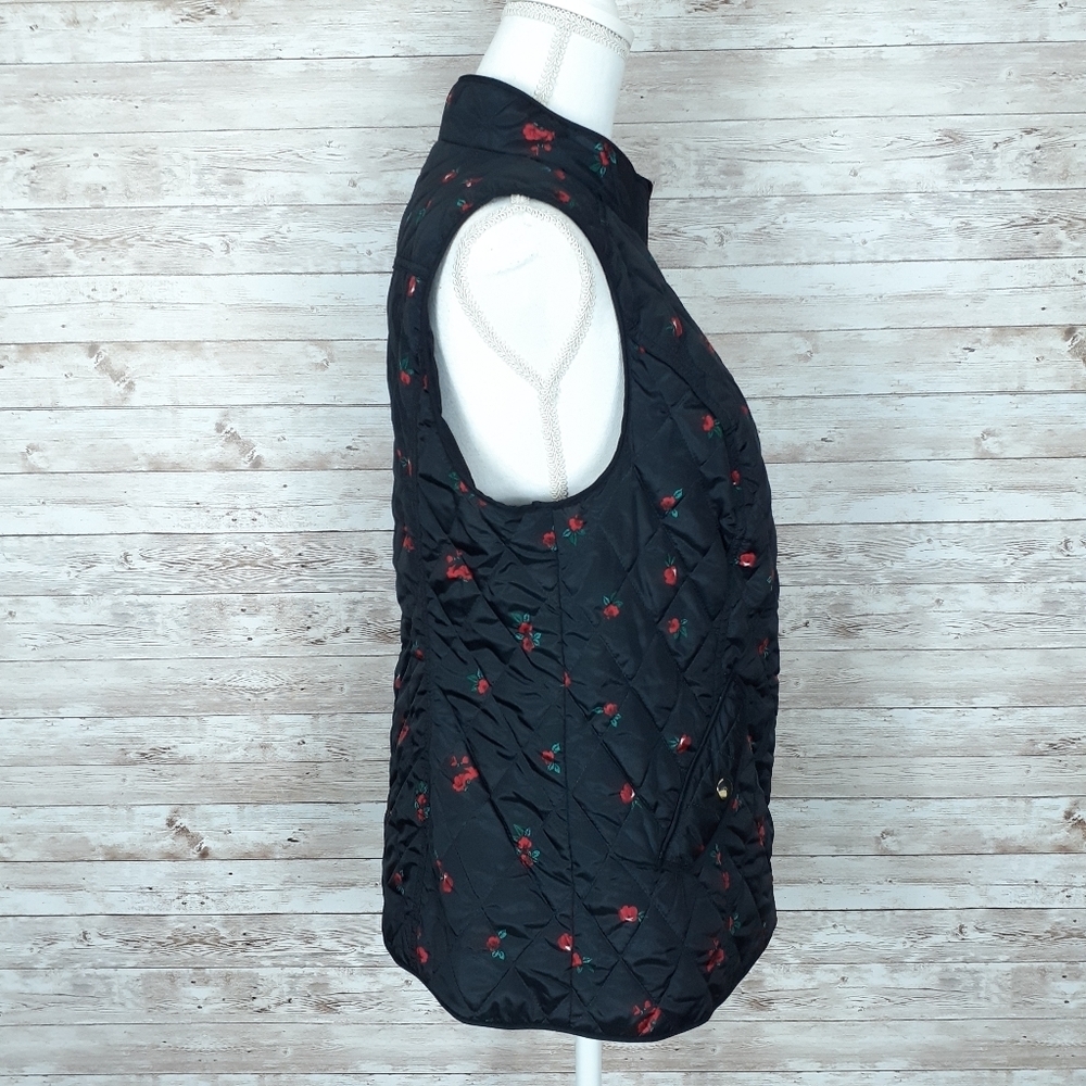 Charter Club Quilted Vest S Black Red Rose 734 - Picture 4 of 8